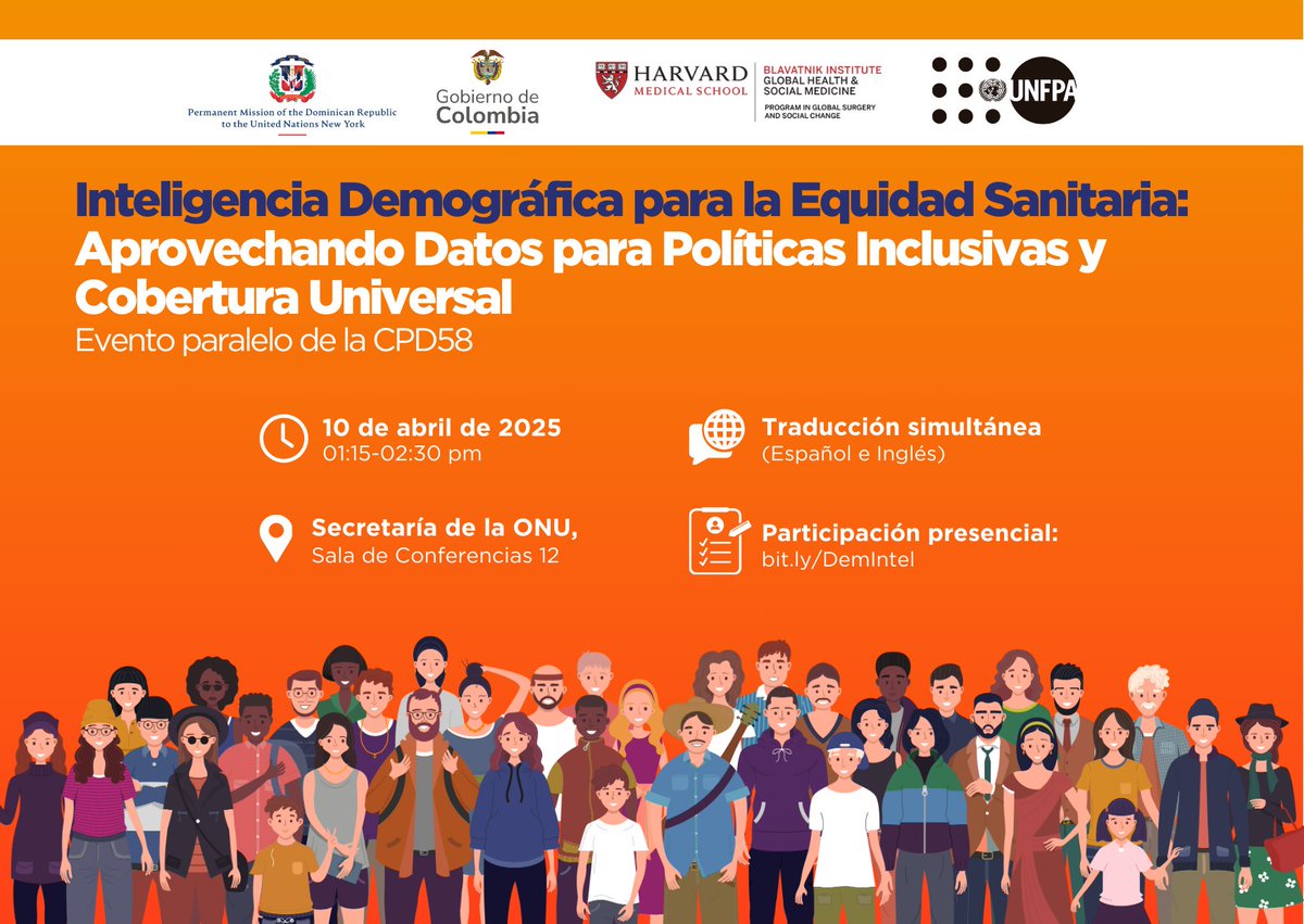 Fondo de Población de las Naciones Unidas (@unfpa_lac) on Twitter photo 🔔 ¡Hoy!
Únete al UNFPA, <a href="/MIREXRD/">Cancillería de República Dominicana</a>, <a href="/CancilleriaCol/">Cancillería Colombia</a> y <a href="/harvardmed/">Harvard Medical School</a> en la #CPD58.
⏰ 1:15pm (Nueva York)
📍 Sala de Conferencias 12, Secretaría de la <a href="/ONU_es/">Naciones Unidas</a>
Participación presencial: bit.ly/DemIntel
En vivo desde: unf.pa/4jiBTJ2 🔔 ¡Hoy!
Únete al UNFPA, <a href="/MIREXRD/">Cancillería de República Dominicana</a>, <a href="/CancilleriaCol/">Cancillería Colombia</a> y <a href="/harvardmed/">Harvard Medical School</a> en la #CPD58.
⏰ 1:15pm (Nueva York)
📍 Sala de Conferencias 12, Secretaría de la <a href="/ONU_es/">Naciones Unidas</a>
Participación presencial: bit.ly/DemIntel
En vivo desde: unf.pa/4jiBTJ2