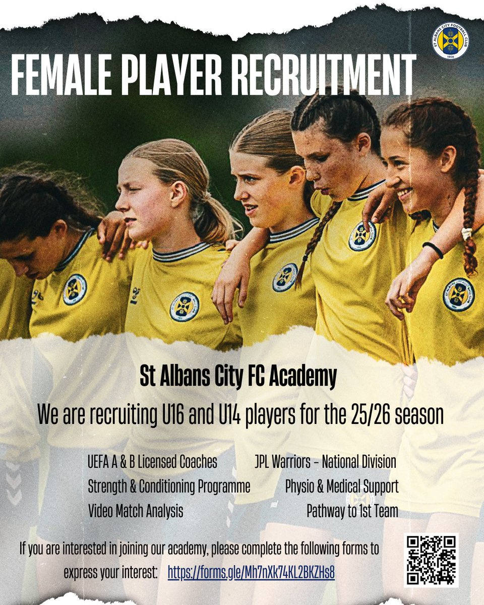 ⚽ 🔥Female Player Recruitment! Join St Albans City FC Academy! 🔥 ⚽
⚡ We are recruiting players for our U16 &amp; U14 Girls team for the upcoming season!
🔹Play in the JPL NPC Division 🏆
💡 Interested? Get in touch today! forms.gle/Mh7nXk74KL2BKZ…