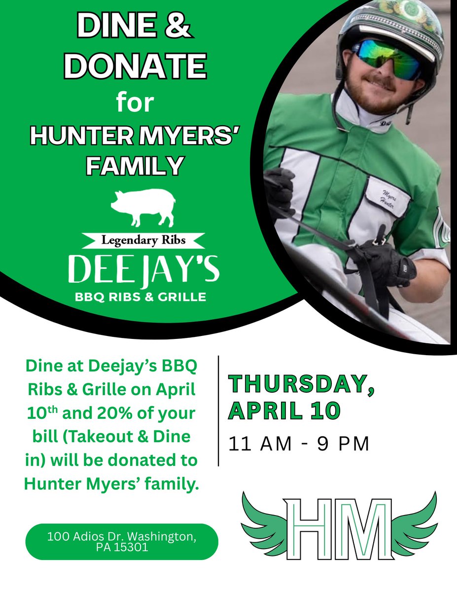 Don't forget! TODAY! Thursday, April 10! 11AM - 9PM!
Dine at Deejay's BBQ Ribs &amp; Grille and 20% of your bill (takeout &amp; dine in) will be donated to the Hunter Myers' family! 💚🤍