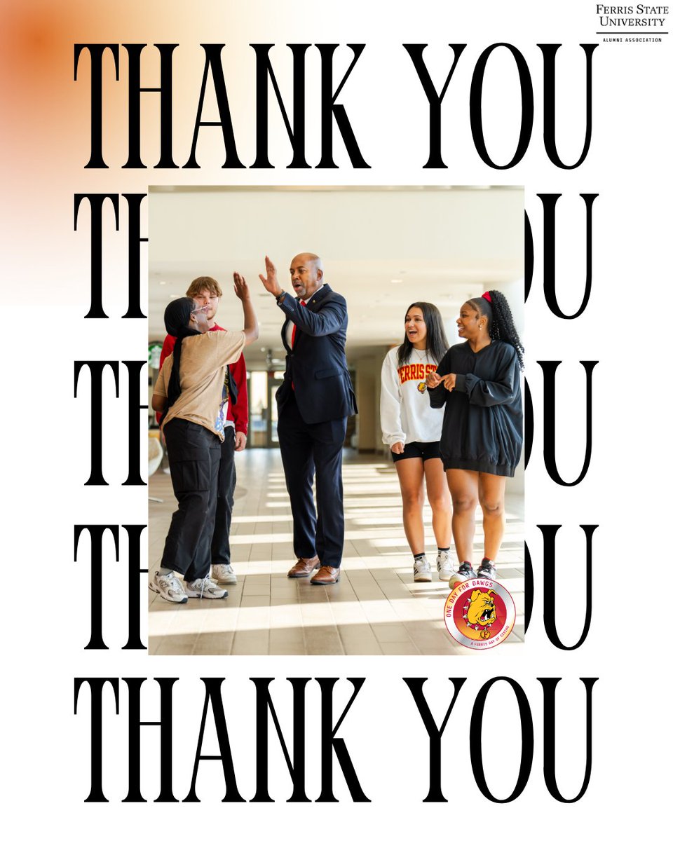 FerrisAlumni's tweet photo. Thank You, Bulldogs! 🐶❤️
Your support for One Day for Dawgs made a difference!
🎥 Watch President Pink’s message: https://t.co/2GapISqDJt
#FerrisForward #BulldogForLife #FERR1S https://t.co/bQWbi5KwfL