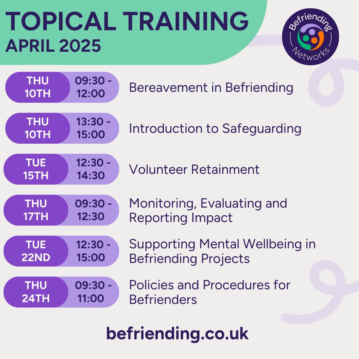 Our Topical Training is now in full swing! If you're looking to develop your skills and boost your confidence, check out our programme of short interactive training sessions for befriending teams.
buff.ly/eisXMHT
