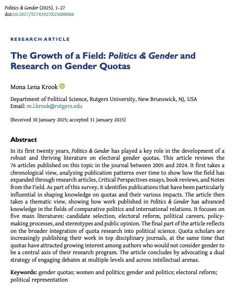 Politics & Gender (@politicsgenderj) on Twitter photo 📢New issue of #PAG21 is out!📢
For our anniversary issue, <a href="/mlkrook/">Dr. Mona Lena Krook</a> reviews the impact that P&G has had on the study of gender quotas in political science.
🌟Available #OpenAccess🌟
buff.ly/qn6gfib 📢New issue of #PAG21 is out!📢
For our anniversary issue, <a href="/mlkrook/">Dr. Mona Lena Krook</a> reviews the impact that P&G has had on the study of gender quotas in political science.
🌟Available #OpenAccess🌟
buff.ly/qn6gfib