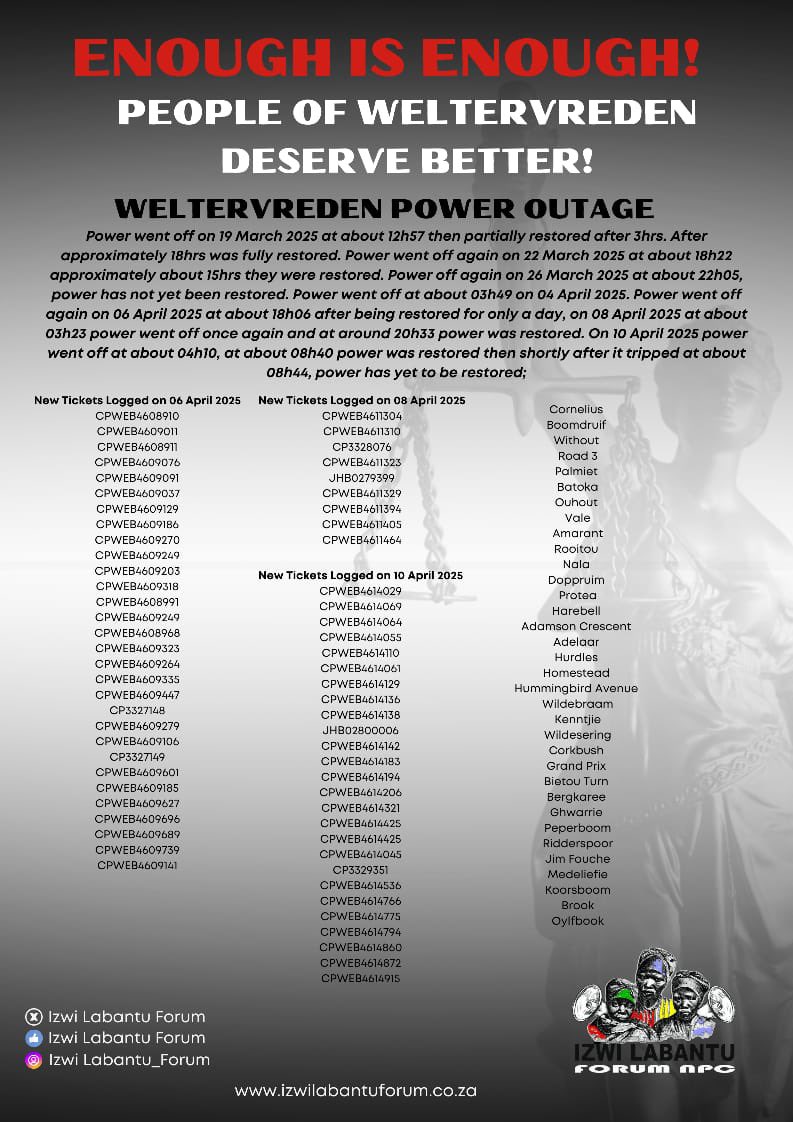 Izwi Labantu Forum🇿🇦 (@izwif) on Twitter photo The most consistent service <a href="/CityPowerJhb/">@CityPowerJhb</a> Roodepoort seems able to deliver is blocking the voices that challenge their incompetence and inhumane treatment of the people of Weltevreden Park. <a href="/CyrilRamaphosa/">Cyril Ramaphosa 🇿🇦</a> <a href="/PMashatile/">Paul Mashatile🇿🇦</a> <a href="/Kgosientsho_R/">Dr Kgosientsho Ramokgopa</a> <a href="/GCISGauteng/">GCIS Gauteng Prov Office</a> <a href="/CityofJoburgZA/">City of Joburg</a> <a href="/DadaMorero/">Executive Mayor of the City Of Joburg</a> it’s The most consistent service <a href="/CityPowerJhb/">@CityPowerJhb</a> Roodepoort seems able to deliver is blocking the voices that challenge their incompetence and inhumane treatment of the people of Weltevreden Park. <a href="/CyrilRamaphosa/">Cyril Ramaphosa 🇿🇦</a> <a href="/PMashatile/">Paul Mashatile🇿🇦</a> <a href="/Kgosientsho_R/">Dr Kgosientsho Ramokgopa</a> <a href="/GCISGauteng/">GCIS Gauteng Prov Office</a> <a href="/CityofJoburgZA/">City of Joburg</a> <a href="/DadaMorero/">Executive Mayor of the City Of Joburg</a> it’s