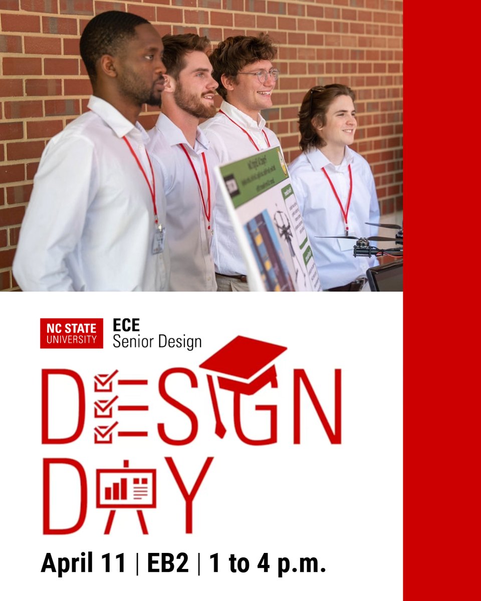 ncstateece's tweet image. 📢 You're invited to ECE Senior Design Day!
🗓 Friday, April 11
🕐 1–4 p.m.
📍 EB2

Come see the future of engineering in action as our seniors showcase their innovative projects!

#SeniorDesignDay #NCStateECE #ThinkAndDo