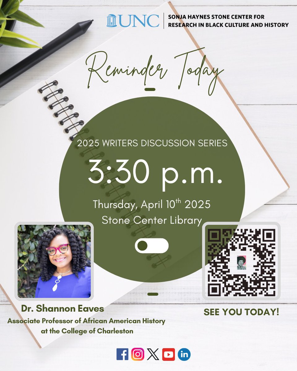 Join us today @ 3:30 pm @ the Stone Center Library for the 2025 Writers Discussion Series featuring Dr. Shannon Eaves. Dr. Eaves will discuss her new book “Sexual Violence and American Slavery: The Making of a Rape Culture in the Antebellum South." See you go.unc.edu/event