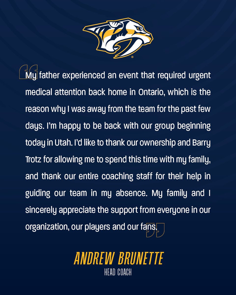 PredsNHL's tweet photo. A statement from #Preds Head Coach Andrew Brunette: https://t.co/z7HX9s81ra