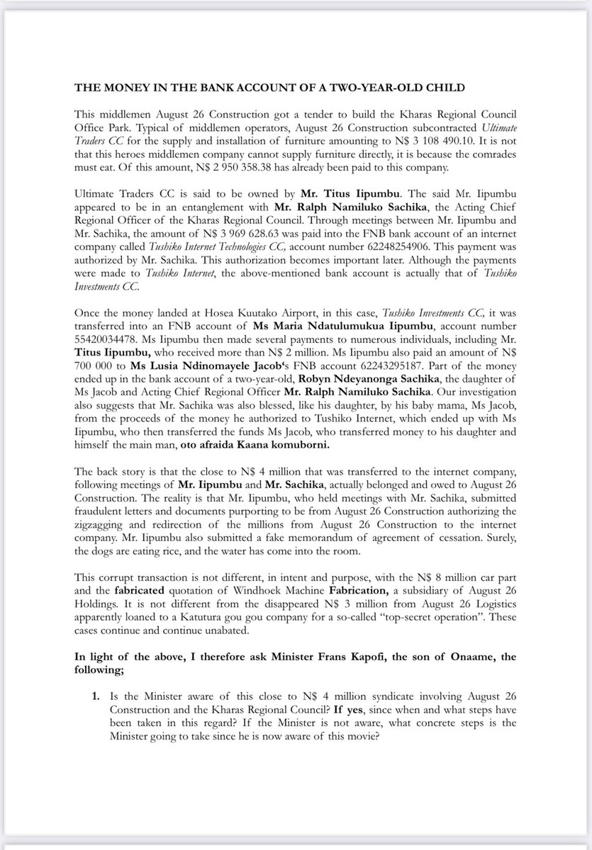 Shipululo's tweet photo. People of Namibia 🇳🇦 
This is the question we asked the minister of Defence on the August 26 Construction that ended up on the Bank Account of a Two Year Old! Close to N$ 4 Million of PUBLIC MONEY is Lost in this Corruption! We won’t leave them. Kapuna okachiii takiinyenge! https://t.co/oOHAHFP3Ba