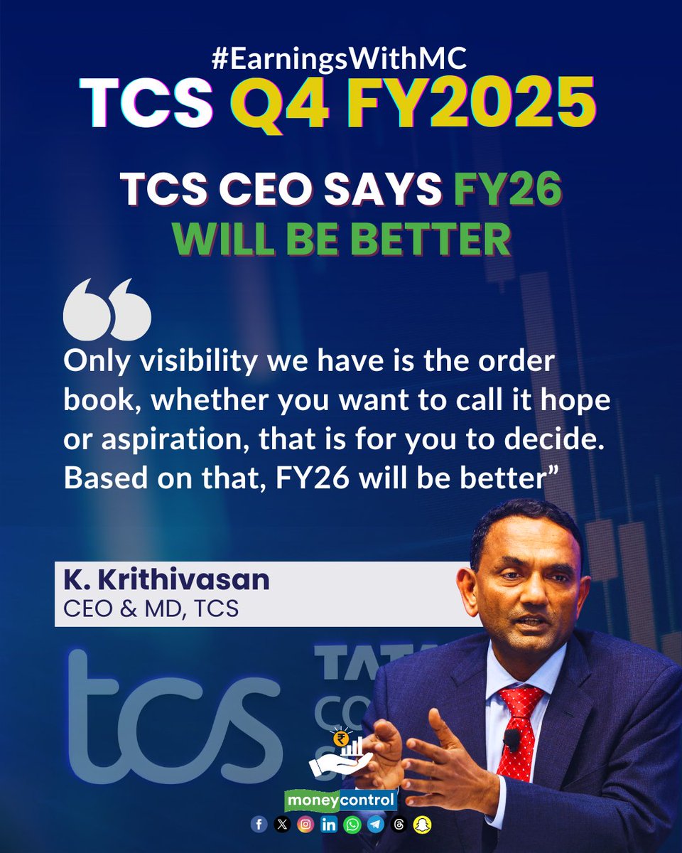 moneycontrolcom's tweet photo. TCS CEO Krithivasan on outlook:
"The only visibility we have is the order book. Whether you call it hope or aspiration — that’s for you to decide. Based on that, FY26 will be better." 💼📈
#TCS #Krithivasan #TechOutlook #FY26 #ITSector #IndiaInc https://t.co/0wJADhqA4E