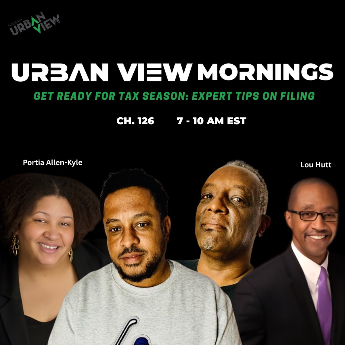SiriusXM Urban View (@urbanviewradio) on Twitter photo Tax Day is April 15!
This week, Urban View Mornings welcomes <a href="/ItsMsPortia/">Portia Allen-Kyle</a> and <a href="/LouHutt/">Lou Hutt of The Hutt Company</a> to break down how to file smart, budget better, and tackle common tax misinformation.
Tune in now on Channel 126 or listen anytime on the <a href="/SIRIUSXM/">SiriusXM</a> app. Tax Day is April 15!
This week, Urban View Mornings welcomes <a href="/ItsMsPortia/">Portia Allen-Kyle</a> and <a href="/LouHutt/">Lou Hutt of The Hutt Company</a> to break down how to file smart, budget better, and tackle common tax misinformation.
Tune in now on Channel 126 or listen anytime on the <a href="/SIRIUSXM/">SiriusXM</a> app.