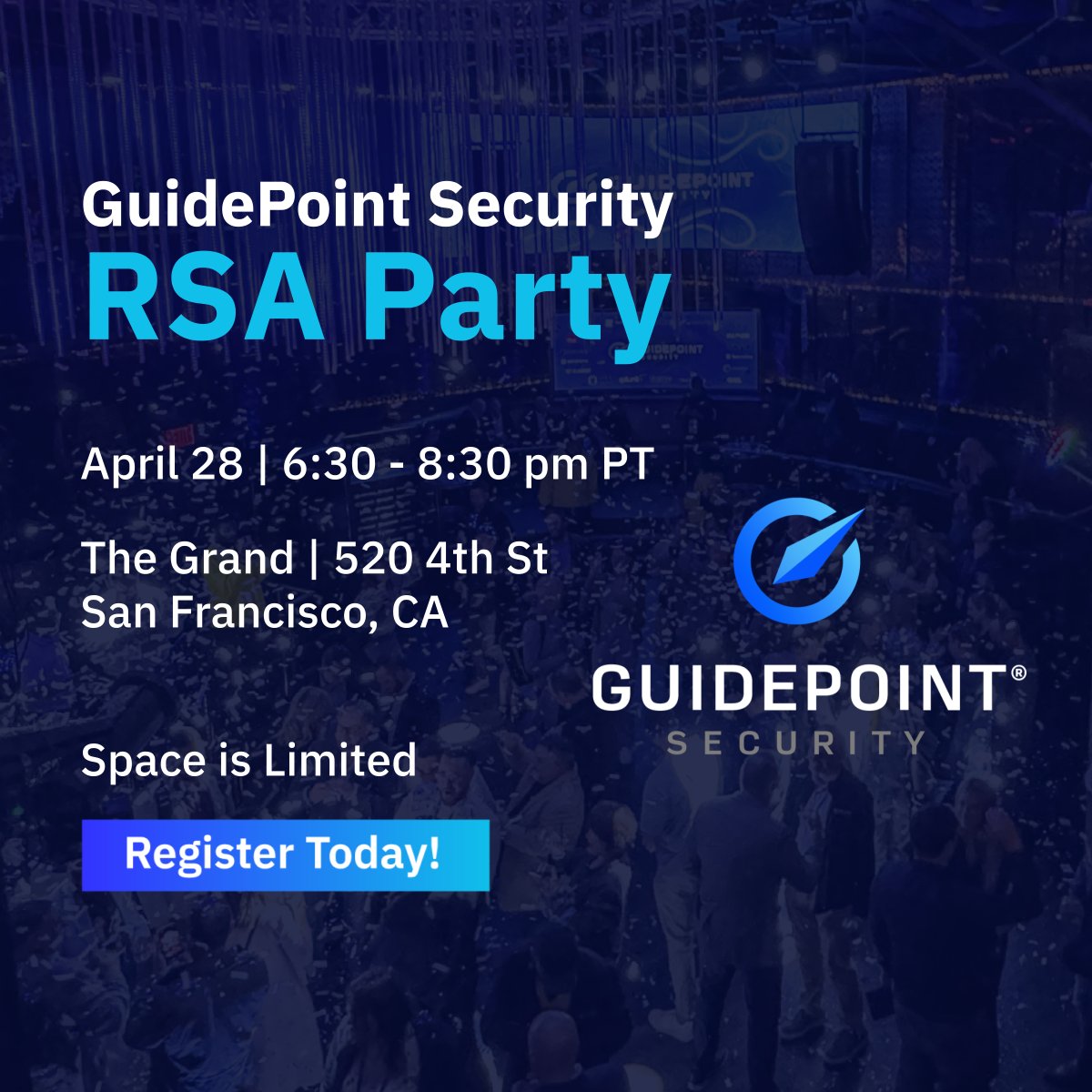 jayrprez's tweet photo. Start your San Francisco #cybersecurity conference w/ networking and good company at The Grand Nightclub. Register today for a great night with @GuidePointSec experts. 🎉

Space is limited to customers, prospects and sponsoring vendors. https://t.co/o1jSrTkeB5 https://t.co/t7oP8Pw4Jj