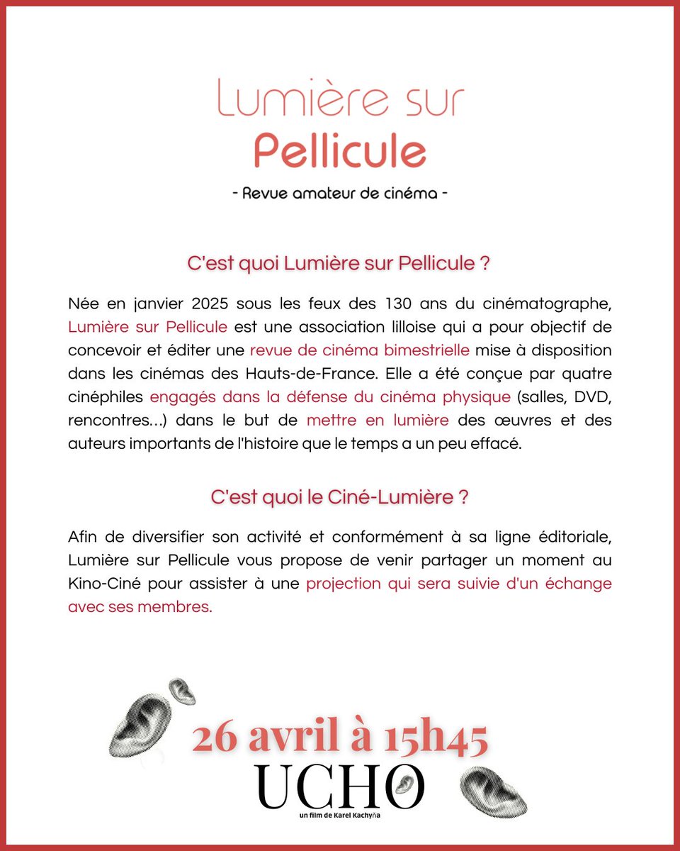 ❓Le Ciné-Lumière, ciné-débat avec les auteurs de la revue Lumière sur Pellicule
🗓️Le 26 avril 2025 à 15h45
📍Au Kino-Ciné