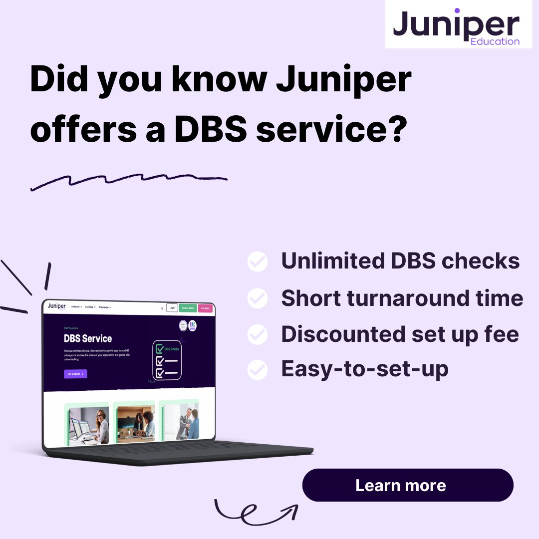 Did you know that Juniper Education offers a DBS service for schools? You do now!

Get in touch with us today to save time &amp; money with unlimited DBS checks via an easy-to-use online portal. Find out more 👉

eu1.hubs.ly/H0hZY190

#DBSchecks #SchoolDBS