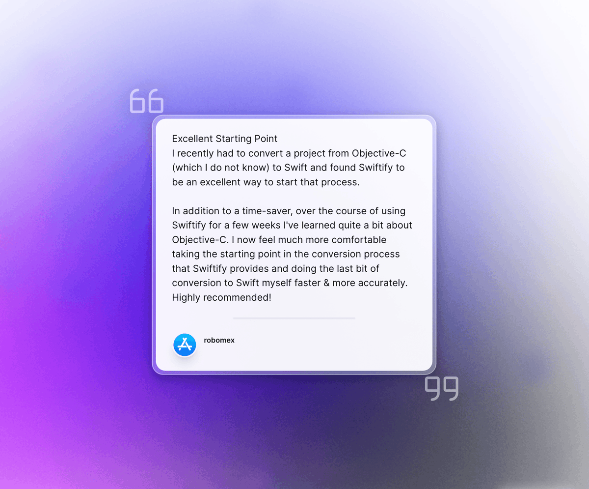 alex_swiftify's tweet image. &quot;Excellent Starting Point
I recently had to convert a project from Objective-C (which I do not know) to Swift and found Swiftify to be an excellent way to start that process.&quot;

apps.apple.com/us/app/swiftif…

#swiftlang #ObjectiveC #iosdev