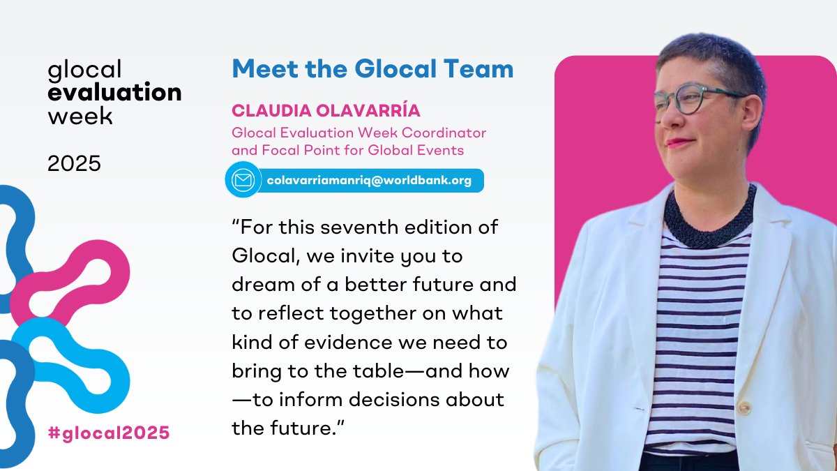 Global Evaluation Initiative (@gei_globaleval) on Twitter photo Over the past few days, you've met the regional coordinators of Glocal Evaluation Week.💫
Now, it's time to meet the guiding force that holds it all together. 🤝
👀 All eyes on <a href="/ClauOlavarria/">Claudia Olavarría</a>, the global coordinator of #Glocal.🌟 She's also your go-to person if you're planning Over the past few days, you've met the regional coordinators of Glocal Evaluation Week.💫
Now, it's time to meet the guiding force that holds it all together. 🤝
👀 All eyes on <a href="/ClauOlavarria/">Claudia Olavarría</a>, the global coordinator of #Glocal.🌟 She's also your go-to person if you're planning