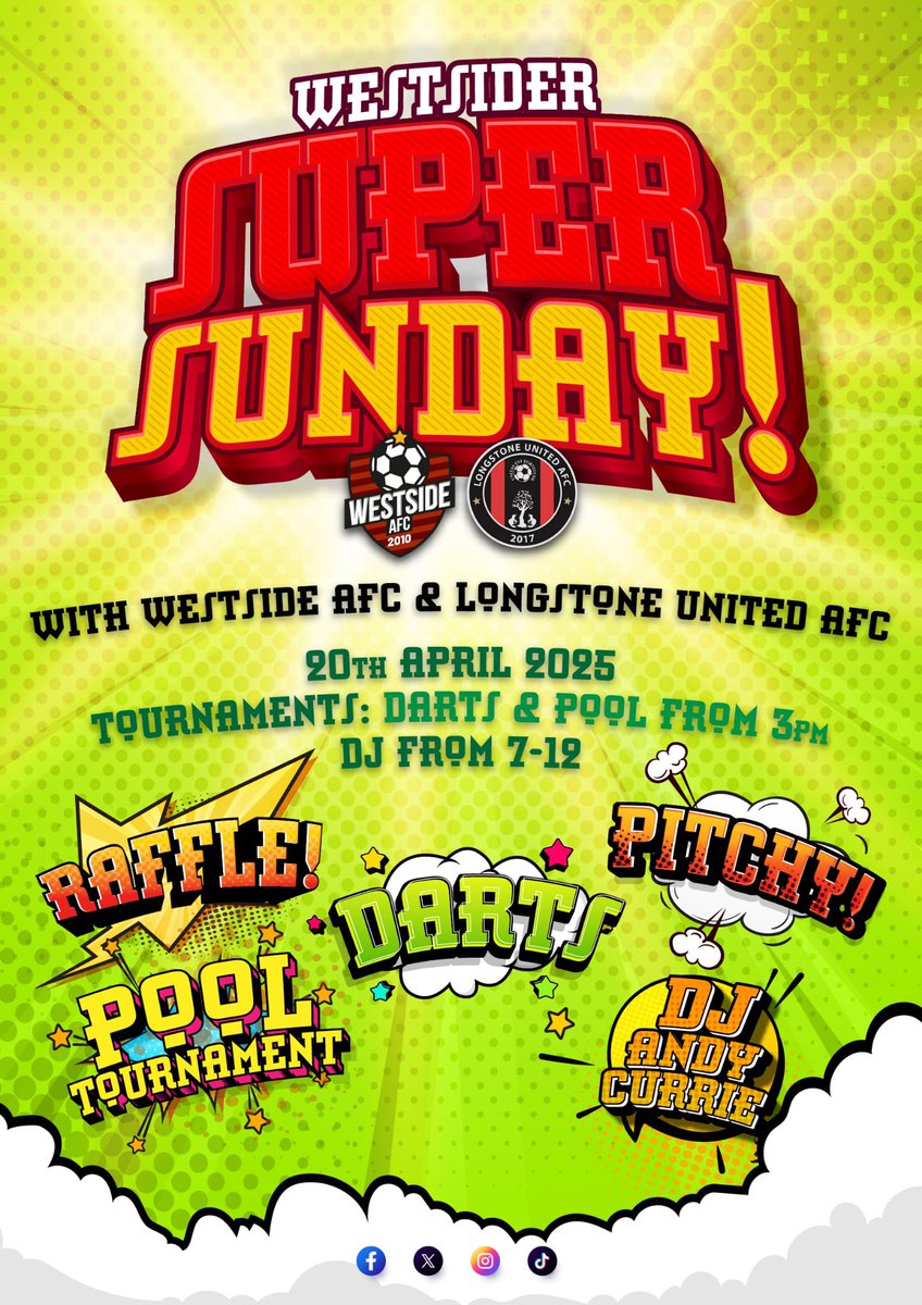 The Westsider (@westsideredin) on Twitter photo Join us, <a href="/Westside_AFC/">WestsideAfc</a> & <a href="/Longstone_Utd/">Longstone United</a> for SUPER SUNDAY!! 20th April from 3pm. Darts, pool, raffle, pitchy and more. DJ Andy Currie from 7pm. #supersunday Join us, <a href="/Westside_AFC/">WestsideAfc</a> & <a href="/Longstone_Utd/">Longstone United</a> for SUPER SUNDAY!! 20th April from 3pm. Darts, pool, raffle, pitchy and more. DJ Andy Currie from 7pm. #supersunday