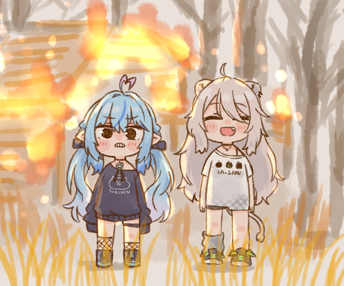 獅白ぼたん ,雪花ラミィ 「#ししらみ #らみあーと #ししらーと 」|ねこやまのイラスト