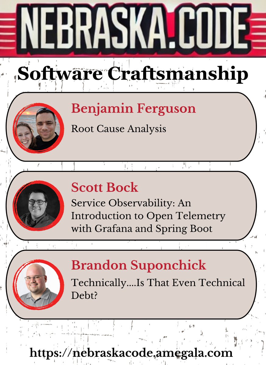 ConferenceNE's tweet photo. Ben Ferguson, @lscottbock, and Brandon Suponchick present on Software Craftsmanship in July at Nebraska.Code().  

https://t.co/ei2wjBOj8G 
 
#Nebraska #SoftwareCraftsmanship #TechConf #IT #RootCause #SpringBoot #OpenTelemetry #Grafana @NEVetsAffairs @NEDept_AdmSrvs @NebraskaDOT https://t.co/V5MDb4rc1u