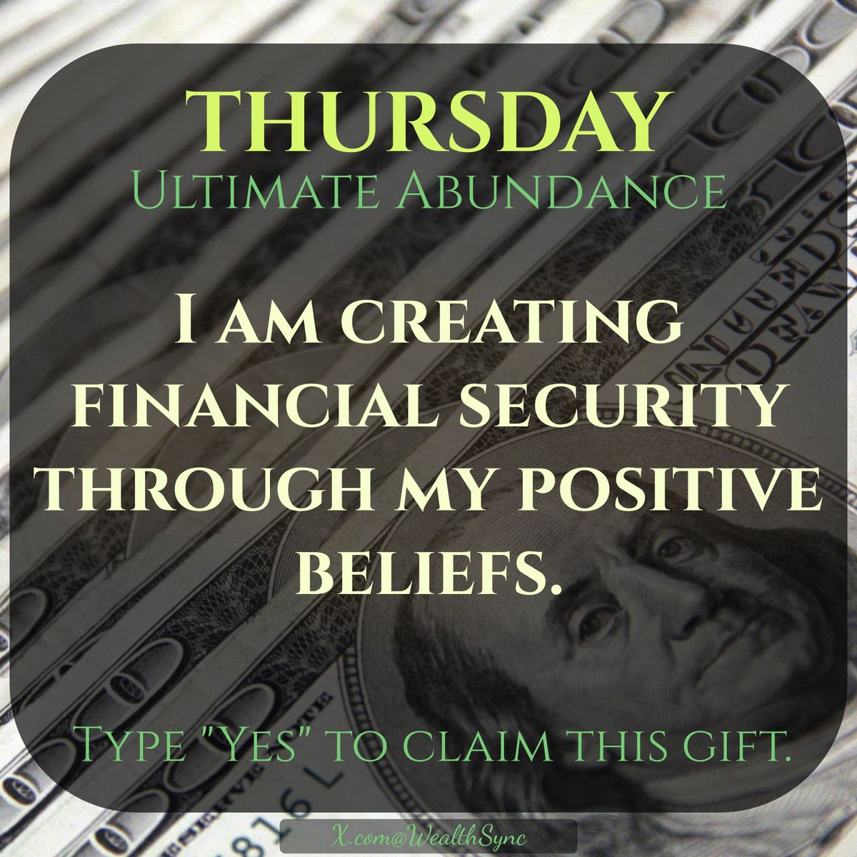 WealthSync's tweet photo. CASH IS ON THE WAY
THURSDAY RITUAL
💵💵💵💵💵💵💵💵💵

I am creating financial security through my positive beliefs. https://t.co/1AcQ77lLwv