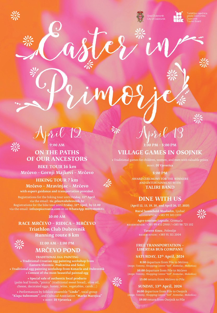 DubrovnikLong's tweet photo. 🌸🐣 Easter in Primorje 2025 🐣🌸

Join us this weekend (April 12-13) for cycling, hiking, Easter egg decorating, live music &amp; village games in Dubrovnik Primorje! 🎉

Free buses available! #EasterInPrimorje #Dubrovnik #FamilyFun #Tradition https://t.co/LmwT9zkfyN