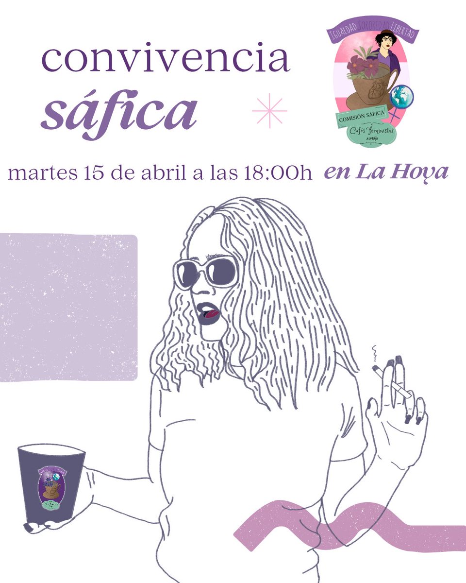 CONVIVENCIA SÁFICA en Semana Santa 🩷🤍🩷 Vente el MARTES 15 de abril a las 18:00h a La Hoya a pasar la tarde con nosotras 🌻

#comisionsafica #feminismoandaluz #feminismoAlmeria #redesdeapoyo #mujeres #mujeresLBT #LBT