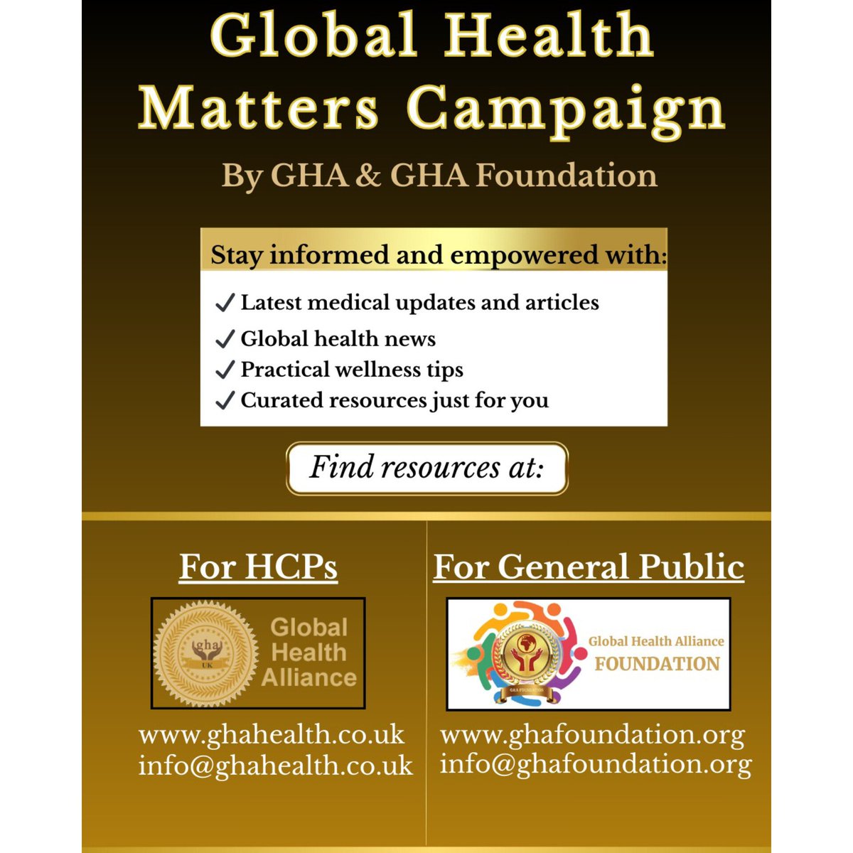 Join the Global Health Matters Campaign by GHA &amp; GHA Foundation!
Stay updated with medical news, wellness tips &amp; curated resources just for you.

HCPs: ghahealth.co.uk
Public: ghafoundation.org

#GlobalHealth #GHM #WellnessTips #MedicalUpdates #PublicHealth