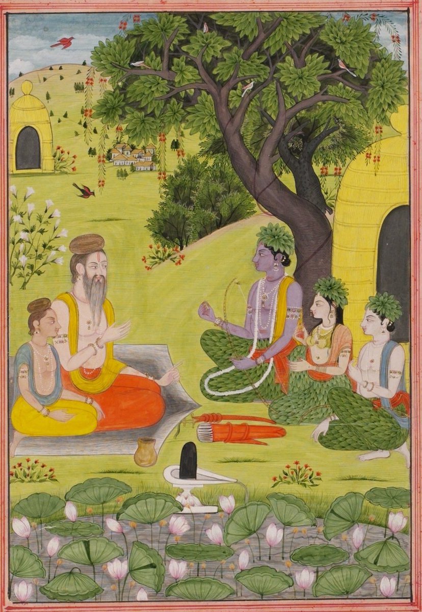SujoshGhodake's tweet photo. Circa 1830 painting: Rama, Sita, and Lakshmana at the hermitage (Artist: Unknown). https://t.co/n3Pfc4INqg