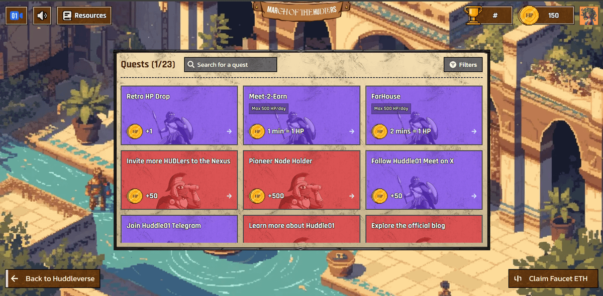 huddle01com's tweet photo. 🗺️ As you enter the Nexus, you will see:

⚔️ Apps Arena: Test out @MeetOnHuddle01 &amp; @farhousedotclub 

🌟 Quests Arena: earn retro HPs for meetings done in the past, and participate in exciting social quests

🥇 Leaderboard: Compete weekly for bonus $tHUDL &amp; onchain surprises https://t.co/R0dC6J9AiN