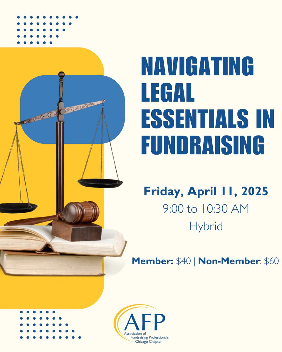 afpchicago's tweet photo. ⏳ Last call to register for "Navigating Legal Essentials in Fundraising" this Friday, April 11, from 9:00 AM - 10:30 AM CDT!

👉 Don’t miss out—register now to join us in person or virtually: 🔗https://t.co/GoszgYnKvi https://t.co/DLYpCMXsc5