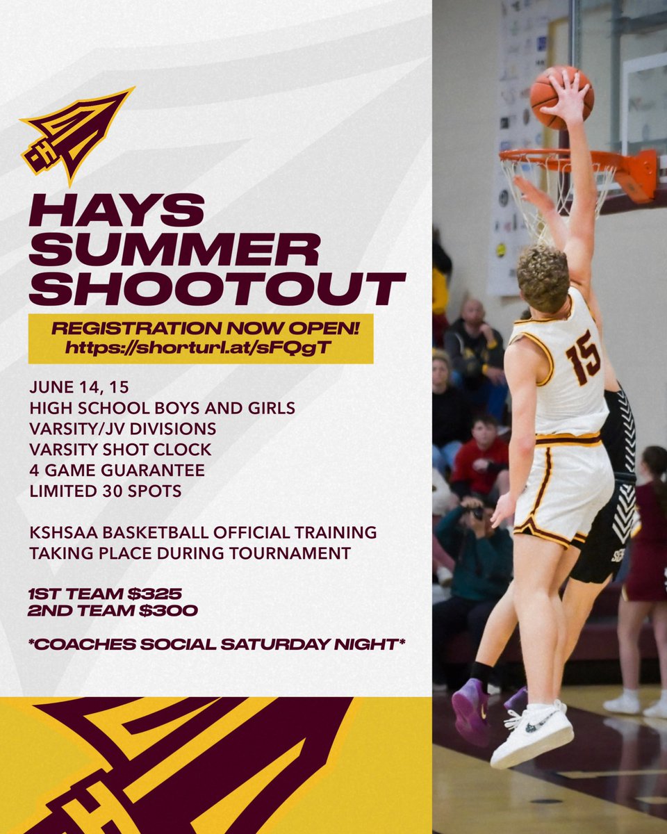 High School teams…Hays High (KS) is hosting a tournament this summer. Shot clock will be used for varsity games. 

KSHSAA also uses three of the courts for training for referees. 

This is a 2 day tourney and will have a coaches social on Saturday!

docs.google.com/forms/d/e/1FAI…
