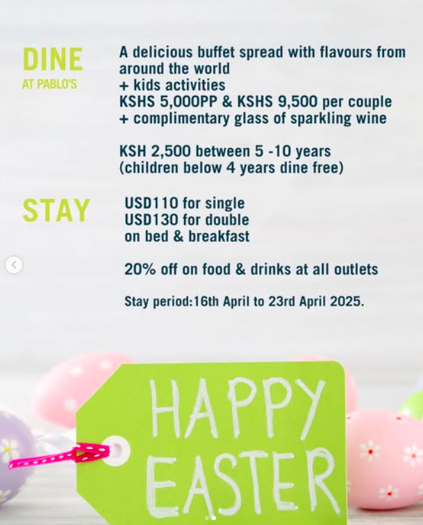This Easter, bring the family together for a fun-filled Sunday at Four Points by Sheraton Nairobi Hurlingham! Enjoy a delicious brunch at Pablo’s, 
Book our Easter staycation from April 16th to 23rd for a cosy bed and breakfast and enjoy 20% off food and drinks at all outlets.