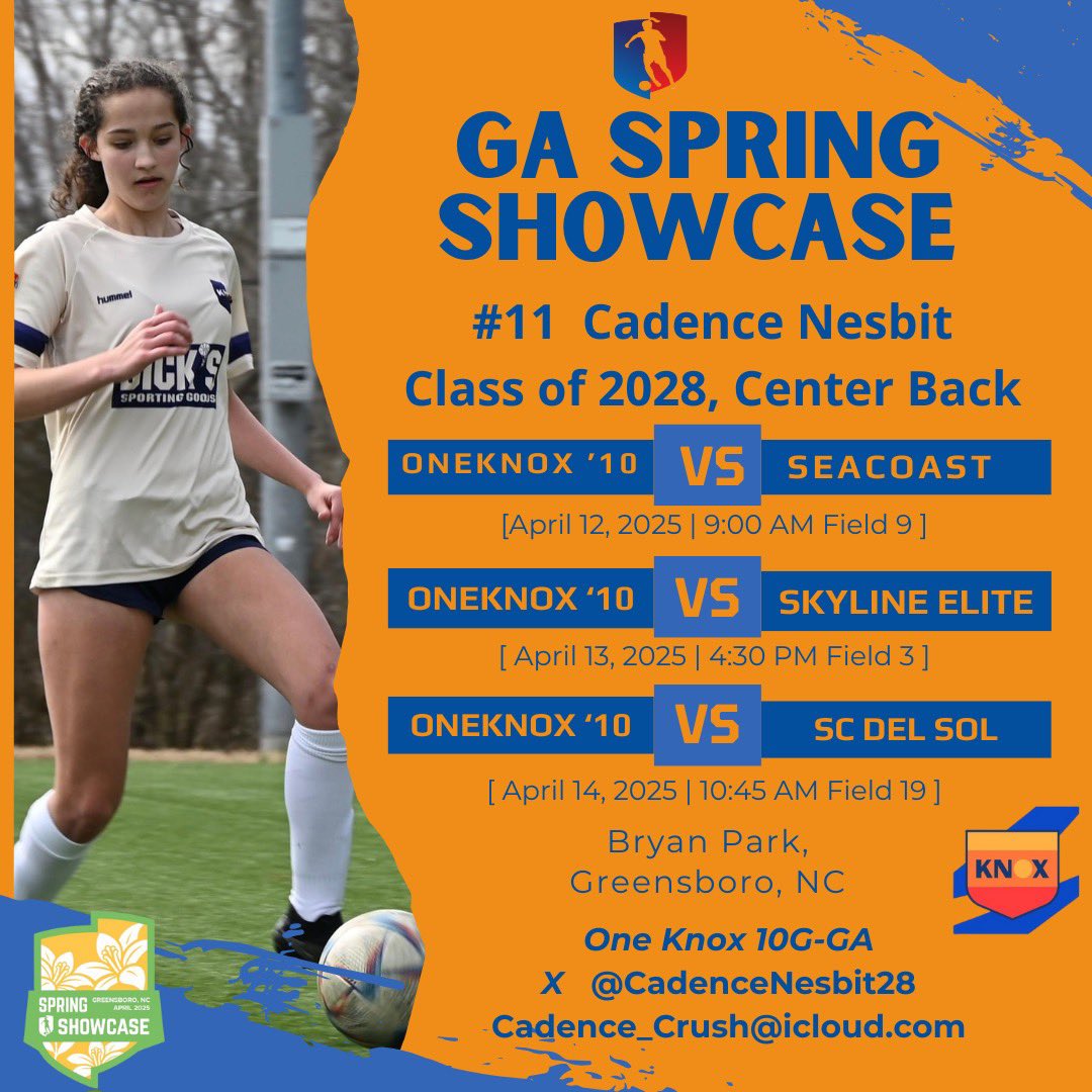 Heading to NC to play in the <a href="/GAcademyLeague/">Girls Academy</a> Spring Showcase. Can’t wait to get to work. Hope to see you on the sidelines <a href="/oneknox2010_ga/">OneKnox2010_GA</a> <a href="/ImYouthSoccer/">ECNL/GA/Recruiting/College Soccer</a> <a href="/ImCollegeSoccer/">College Soccer Truth ™</a> <a href="/PrepSoccer/">Prep Soccer ⚽️</a> <a href="/TheSoccerWire/">SoccerWire</a> <a href="/girlssoccernet/">Girls Soccer Network</a> <a href="/usysodp/">US Youth Soccer ODP</a> <a href="/TopDrawerSoccer/">TopDrawerSoccer</a> <a href="/USClubSoccer/">US Club Soccer</a> <a href="/SoccerRecruitin/">CollegeSoccerRecruit</a>