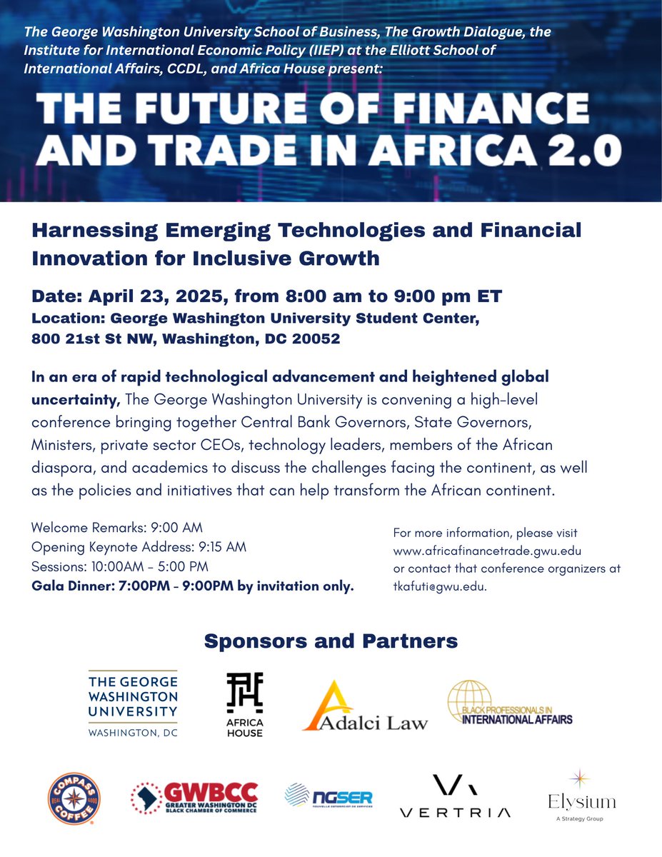 Black Professionals in International Affairs-BPIA (@bpiatweets) on Twitter photo Join us on April 23, 2025, at <a href="/GWtweets/">GW University</a> for The Future of Finance and Trade in Africa 2.0. Co-hosted by GWU, Africa House, BPIA, and other partners, this high-level summit will explore how emerging technologies and financial innovation can drive inclusive growth across Africa. Join us on April 23, 2025, at <a href="/GWtweets/">GW University</a> for The Future of Finance and Trade in Africa 2.0. Co-hosted by GWU, Africa House, BPIA, and other partners, this high-level summit will explore how emerging technologies and financial innovation can drive inclusive growth across Africa.