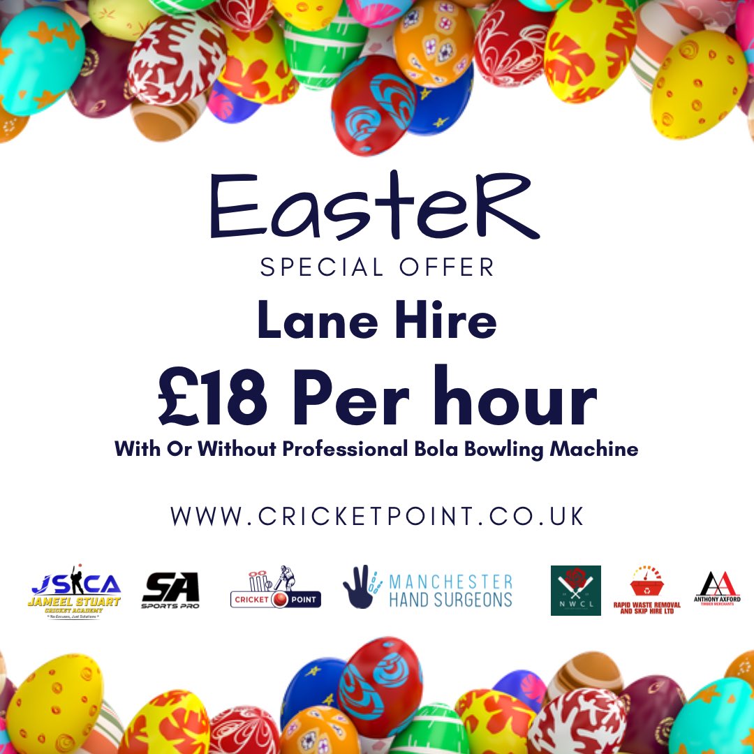 CricketPoint0's tweet photo. Easter Special!
Lane hire just £18/hr — incl. pro BOLA bowling machine!
Level up your game at Cricket Point Bolton.
Book now: https://t.co/budQoWdmpD
#CricketDeals #EasterOffer #CricketTraining #BoltonCricket #TrainSmart https://t.co/NthF5hAQg2