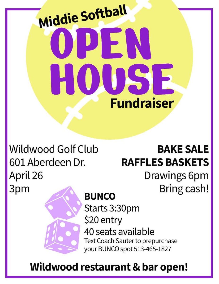 Calling all Middie fans, alumni, parents, teachers, and  supporters: Mark your calendars for April 26 for our fundraiser!

📍 Wildwood Golf Club
⏰️April 26 - 3pm
🎟 Bunco game, Raffles, Bake Sale

🎲 Bunco is open to the first 40 people! Message us to secure your spot!
