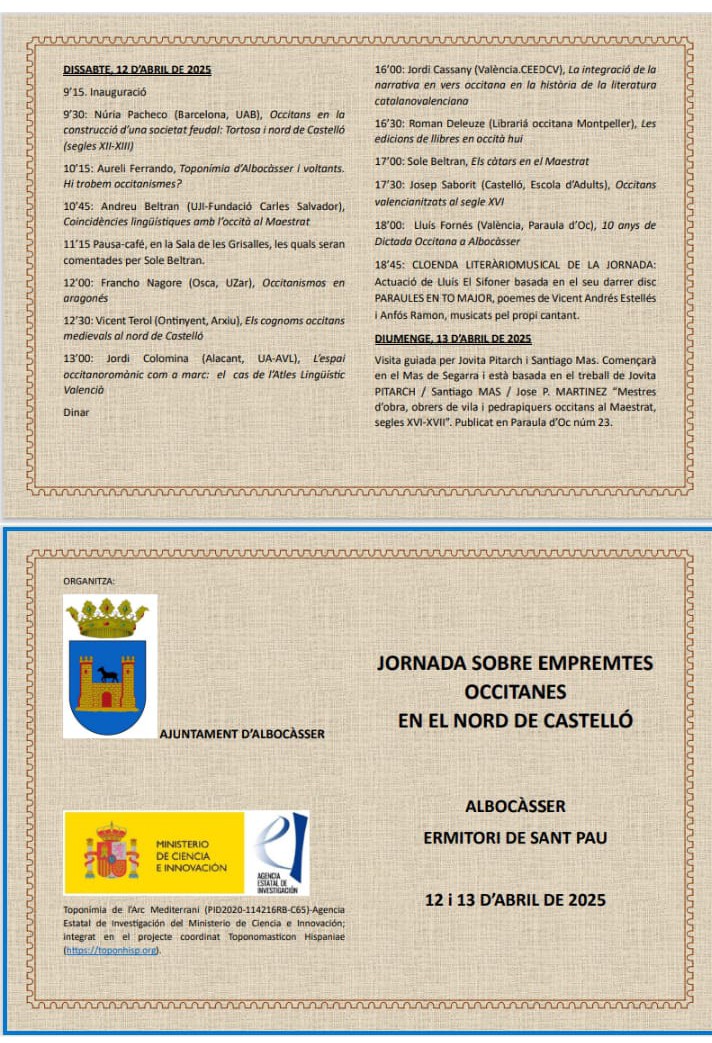 Jordi Cassany-Bates (@jorcaiba) on Twitter photo Les empremtes occitanes en les comarques del nord: lingüística (toponímia, dialectologia,...), literatura, història (genealogia, catarisme...),... Jornades en <a href="/Aj_Albocasser/">AjuntamentAlbocasser</a> este cap de setmana.
Jo parlaré sobre la narrativa en vers occitana medieval i com de necessària ens és. Les empremtes occitanes en les comarques del nord: lingüística (toponímia, dialectologia,...), literatura, història (genealogia, catarisme...),... Jornades en <a href="/Aj_Albocasser/">AjuntamentAlbocasser</a> este cap de setmana.
Jo parlaré sobre la narrativa en vers occitana medieval i com de necessària ens és.