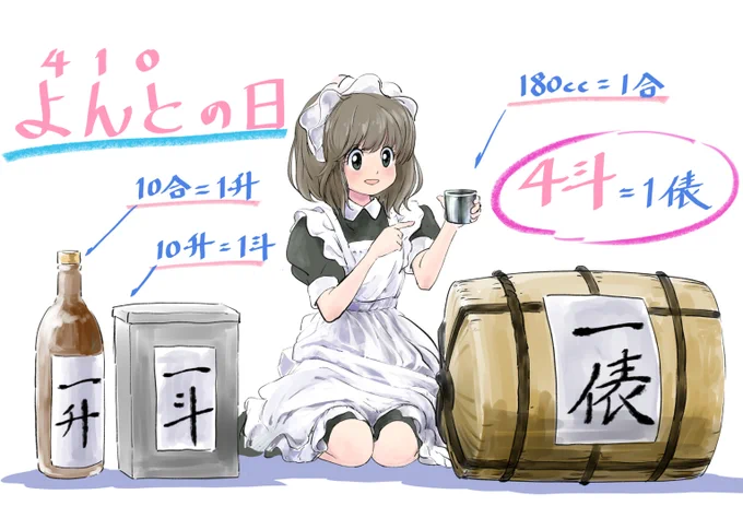 今日は4/10です。4斗の日です 
4斗が1俵だと知ったのは、米屋の息子だった父が教えてくれたからなんですよ 
なぜ1俵は4斗なのかと考えると、4斗でおよそ60kgなので、 
「できるだけ多く入る、人の手で運べる入れ物を作った」 
その結果が4斗入りの俵だったのではないかと僕は考えます 