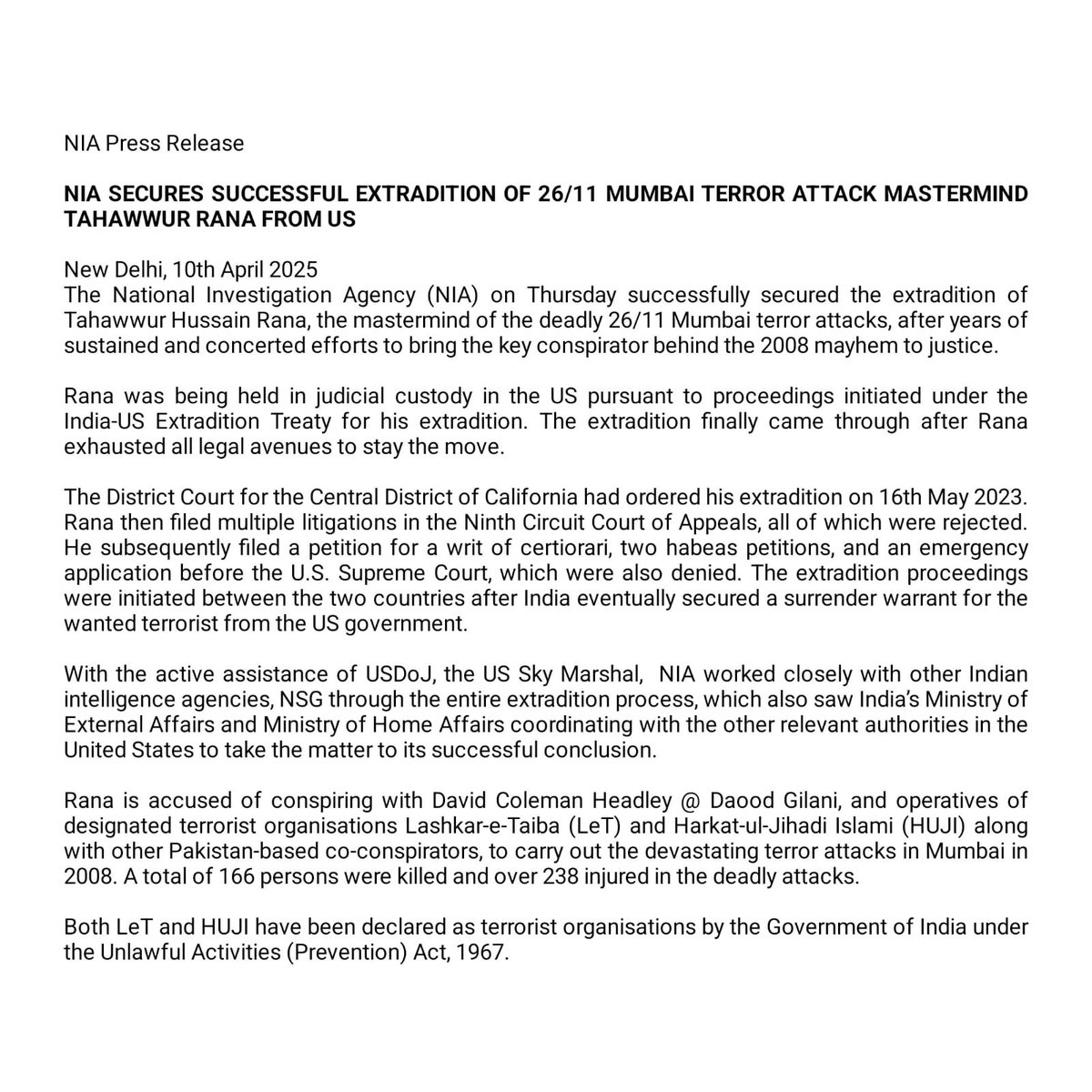 NIA_India's tweet photo. NIA Secures Successful Extradition of 26/11 Mumbai Terror Attack Mastermind Tahawwur Rana from US https://t.co/sFaiztiodl