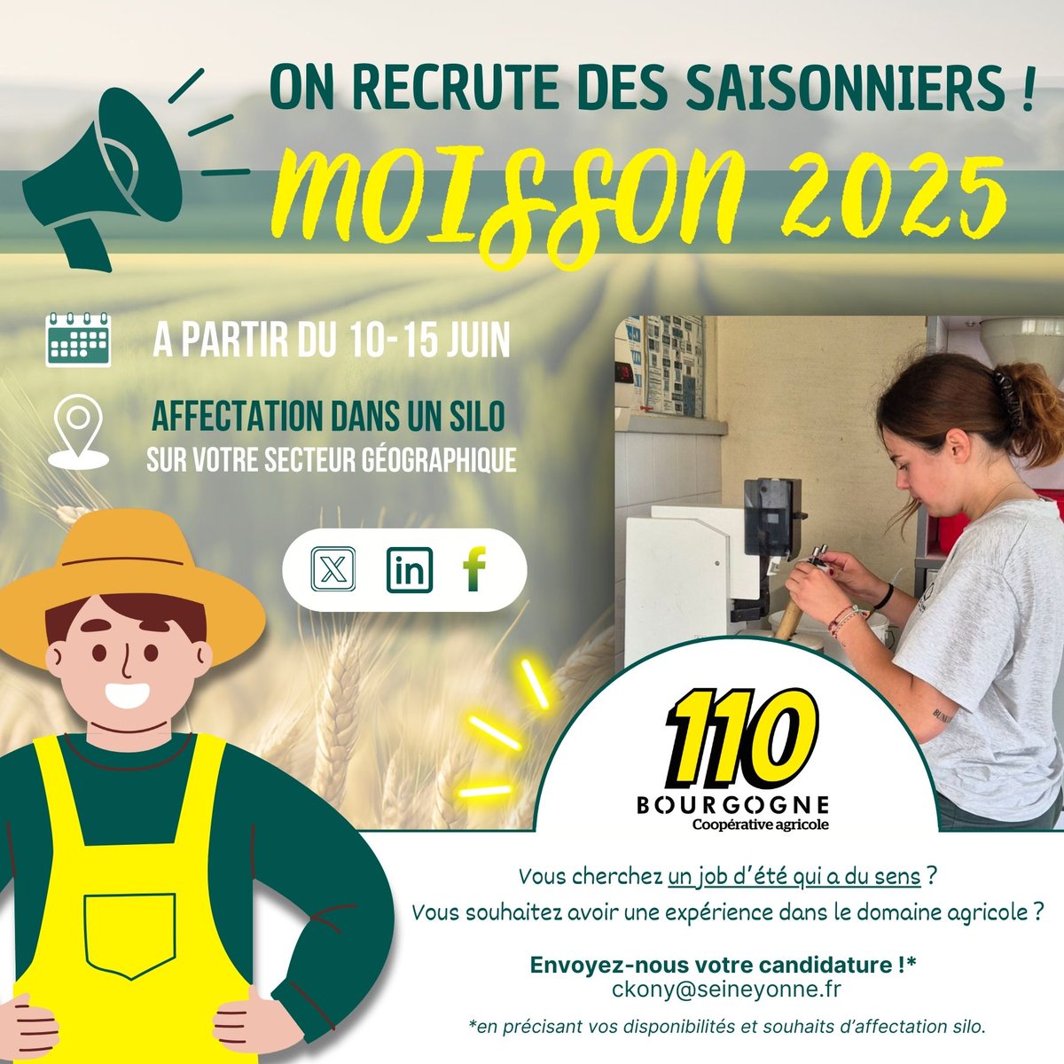 110Bourgogne's tweet photo. 🌾On cherche encore des saisonniers !🚜

🔎 Sur les sites suivants :

✅BROSSES
✅BUSSEAUT
✅CHÂTILLON/SEINE
✅COULMIER
✅ÉCUELLES
✅EMOROTS
✅ÉTAIS-LA-SAUVIN
✅ISLE/SEREIN
✅LAIGNES
✅NITRY
✅PACY
✅POTHIERES
✅RIEL-LES-EAUX
✅SENNEVOY
✅ST-SAUVEUR

📩 ckony@seineyonne.fr https://t.co/TBTS30yeTu