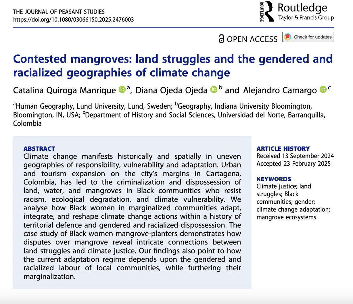 Alejandro Camargo ๐ ๐ ๐ (@prochilodus) on Twitter photo โContested mangroves: land struggles and the gendered and racialized geographies of climate changeโ <a href="/catalina_qm/">Catalina Quiroga</a> <a href="/diana_ojedao/">Diana Ojeda</a> Just out in <a href="/Peasant_Journal/">JPS</a> (open access!) ๐๐ฑ tandfonline.com/doi/epdf/10.10โฆ โContested mangroves: land struggles and the gendered and racialized geographies of climate changeโ <a href="/catalina_qm/">Catalina Quiroga</a> <a href="/diana_ojedao/">Diana Ojeda</a> Just out in <a href="/Peasant_Journal/">JPS</a> (open access!) ๐๐ฑ tandfonline.com/doi/epdf/10.10โฆ