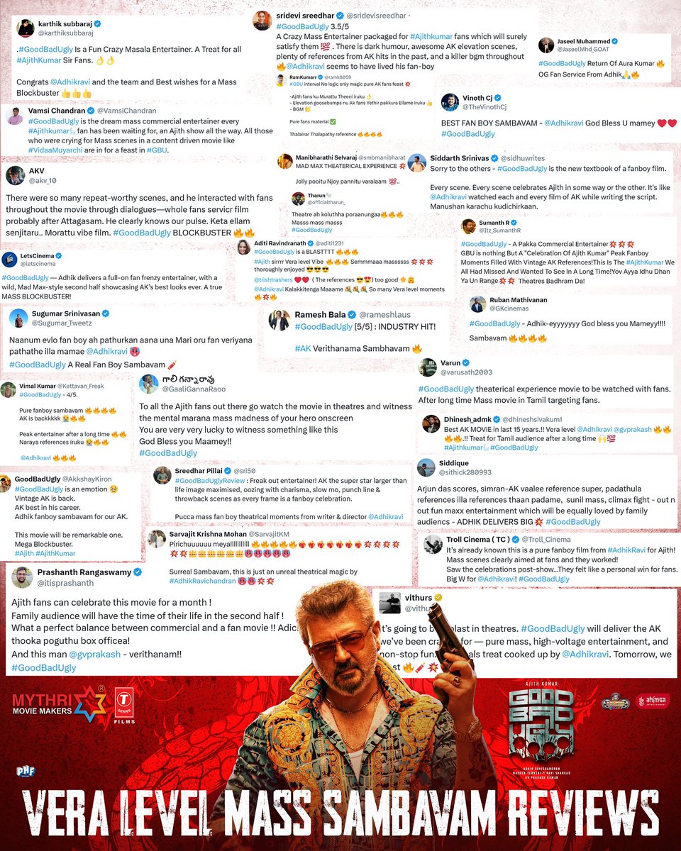 ahimsafilms's tweet photo. #GoodBadUgly is setting cinemas ON FIRE 🔥 with BLOCKBUSTER reviews and MASSIVE audience LOVE! ♥️♥️

The AK SAMBAVAM is REAL — this is the AK fans have always wanted! Book your tickets ASAP and catch the full festival vibe only in theatres! 🧨

#AjithKumar @cinema_boleyn @MythriOfficial @PharsFilm @Adhikravi