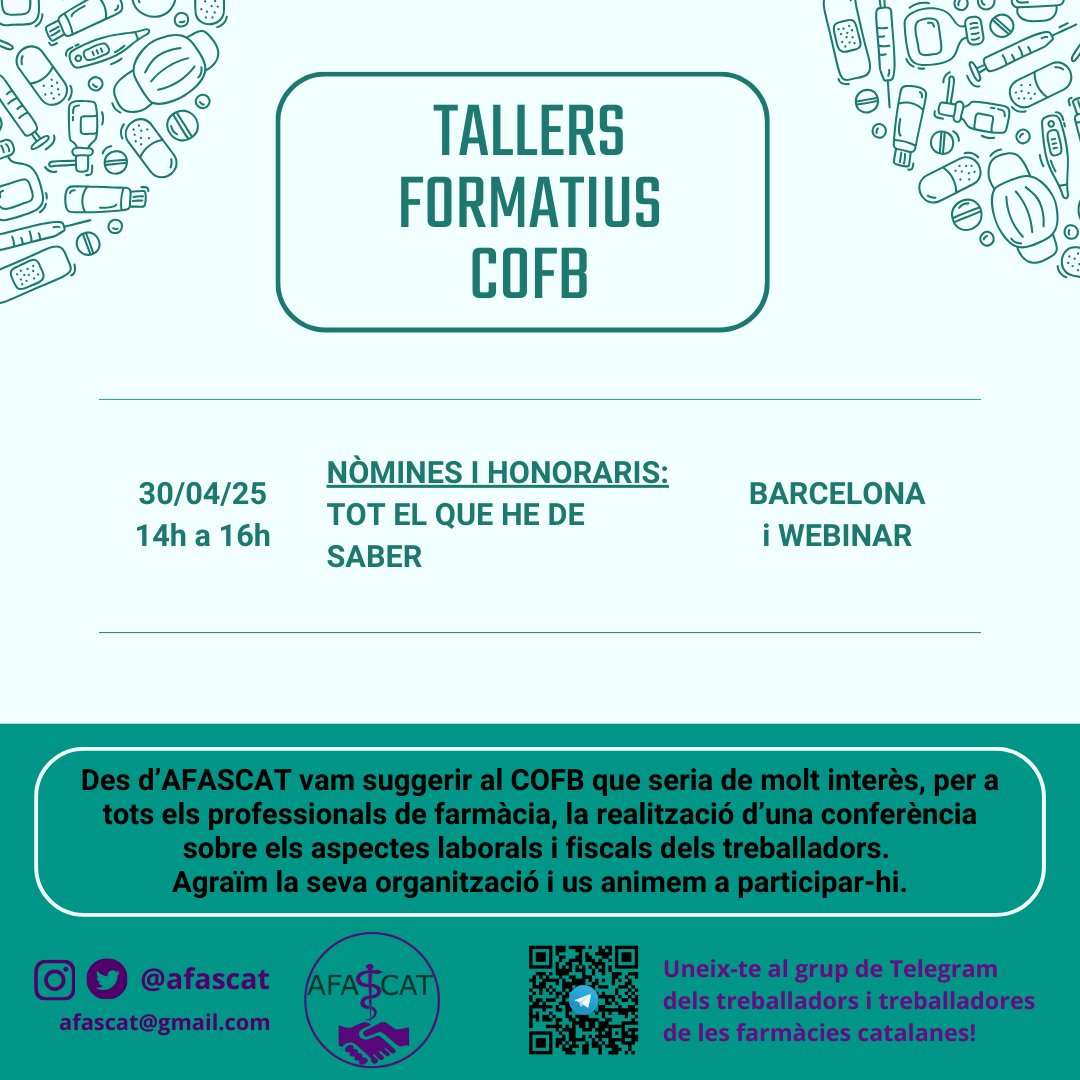 afascat's tweet photo. Des d'AFASCAT  pensem que és molt important que els treballadors coneguin bé els seus  drets i deures, així com el conveni col·lectiu i els conceptes que  figuren a les nostres nòmines.

Us animem a inscriure-us a la xerrada que organitza el @farmaceuticsbcn  sobre nòmines. https://t.co/NDG4iyazHH