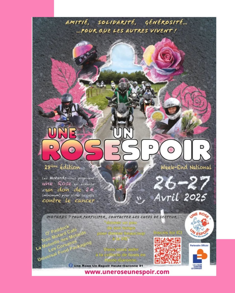 UNE ROSE, UN ESPOIR 🌹

Les 27 et 28 avril prochains aura lieu l'évènement "Une rose, un espoir" organisé par l'association @uneroseunespoir31 

L’intégralité des fonds collectés en échange d'une rose nous sera reversés afin de financer nos missions sociales ! 💪

#don #motard