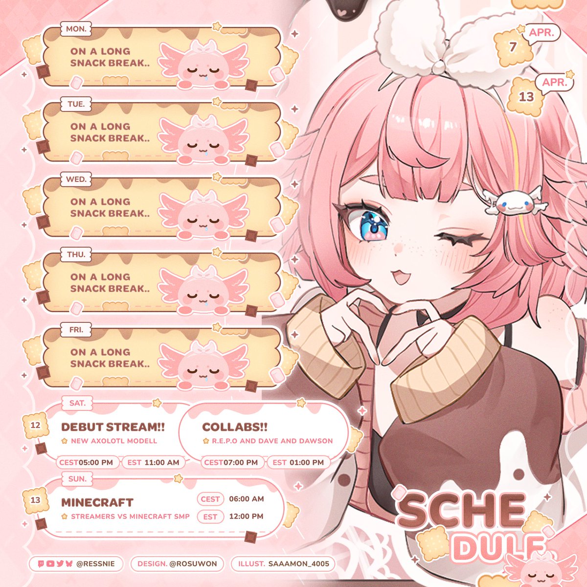 Ressniee's tweet photo. First Schedule!!!
Debut week!
So excited to finally be back to streaming! I've really missed you all 🧋

#RessnIllust | 🗓️:@Rosuwon  | 🎨:  #saaamon_4005 https://t.co/zIYQvGetzN