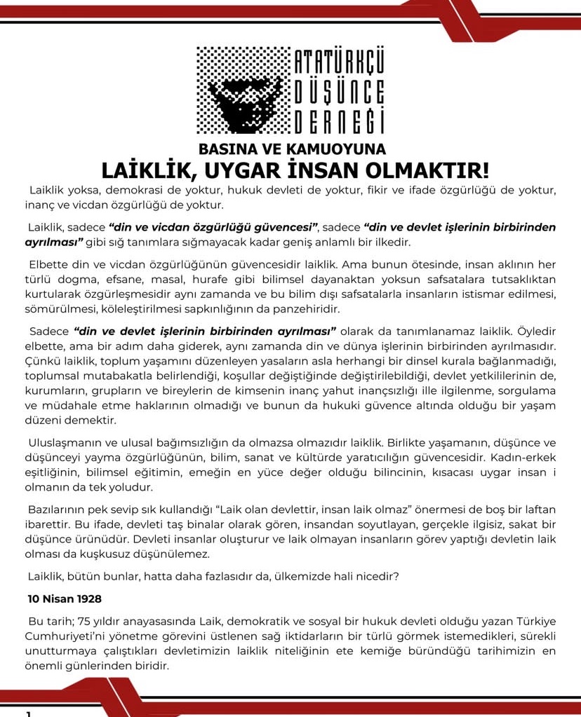 ADDBesiktas's tweet photo. 10 Nisan Laiklik Günü Kutlu Olsun 

Atatürkçü Düşünce Derneği Beşiktaş Şubesi https://t.co/Jr5TWTT7uH