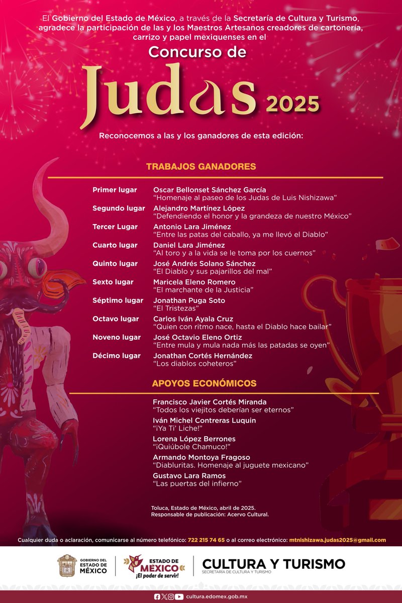 Te presentamos a las y los ganadores del #ConcursoJudas 2025👹. Es un  orgullo ver cómo nuestras tradiciones siguen vivas gracias al talento y la  creatividad de todas y todos los participantes. Gracias