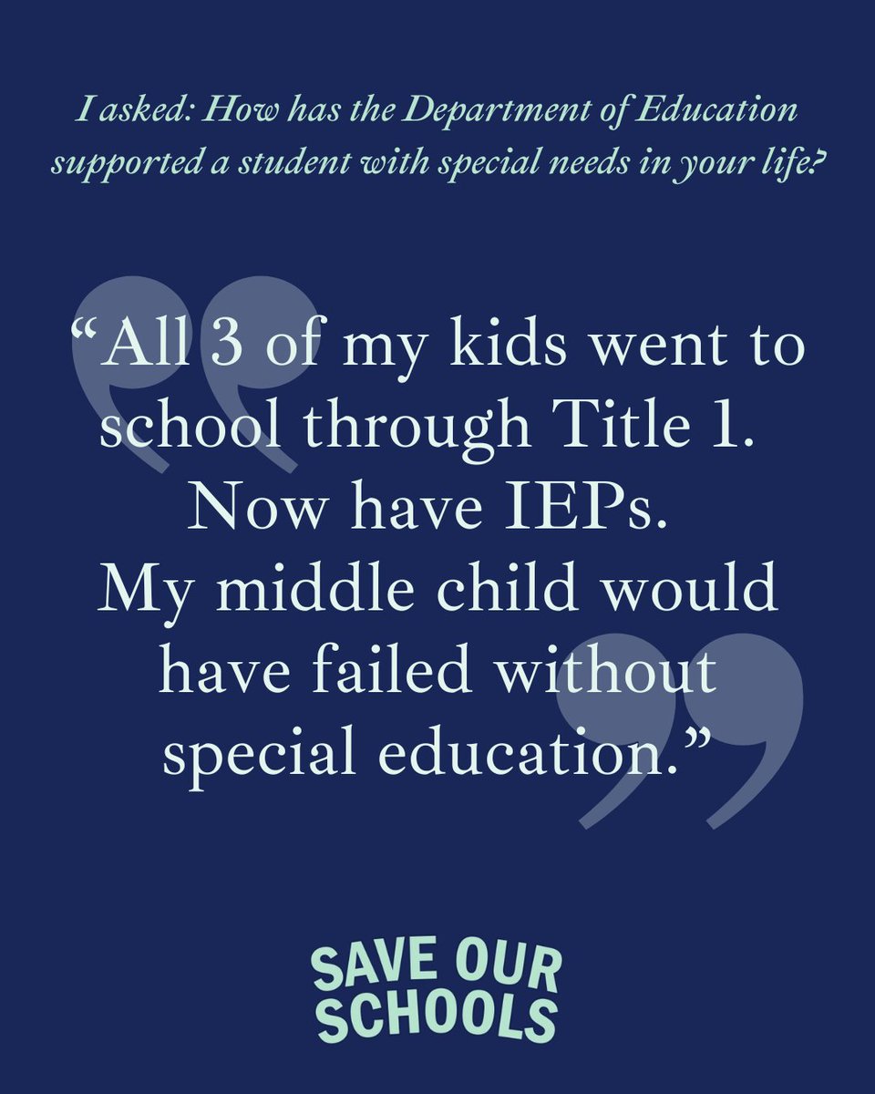 SenWarren's tweet image. Donald Trump is trying to gut the Department of Education — the agency that makes sure that students with special needs are supported in our public schools.

So I asked: How has the Department of Education supported a student with special needs in your life?