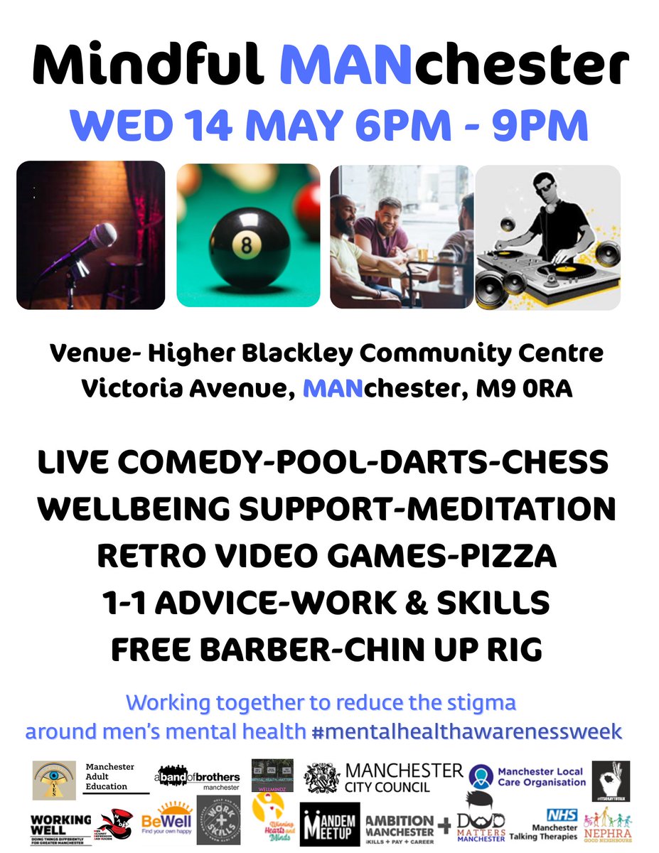 Alright lad?.. come on down to see us at a free Men's event on Weds 14 May - 6pm-9pm.

Entertainment 🎭🕹️🎶
Conversation😀🤝🧑‍⚕️
Food/refreshments🍕🧃🥤

#mentalhealthawarenessweek