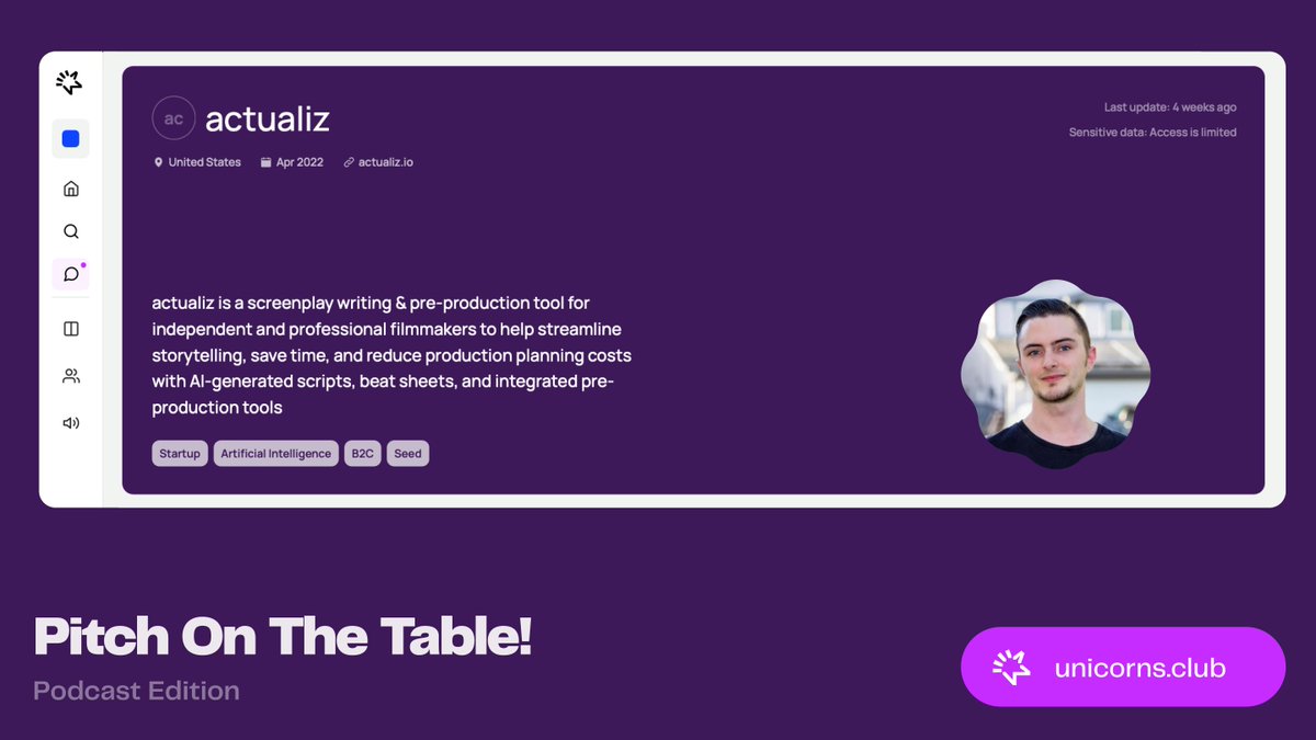 🎥 New Pitch On The Table episode!

We’re featuring actualiz  — the AI-powered platform helping filmmakers turn ideas into ready-to-shoot projects faster than ever!

🎙️ Watch now: youtu.be/ezLv1Sj2ui0

#Startups #Filmmaking #UnicornsJournal