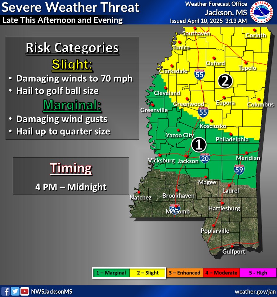 ⛈ The National Weather Service has issued a slight risk for severe storms in parts of the state this afternoon (4/10/25) and into the evening hours. Damaging winds of up to 70 miles per hour and hail are possible.

❗ Stay Weather Aware ❗