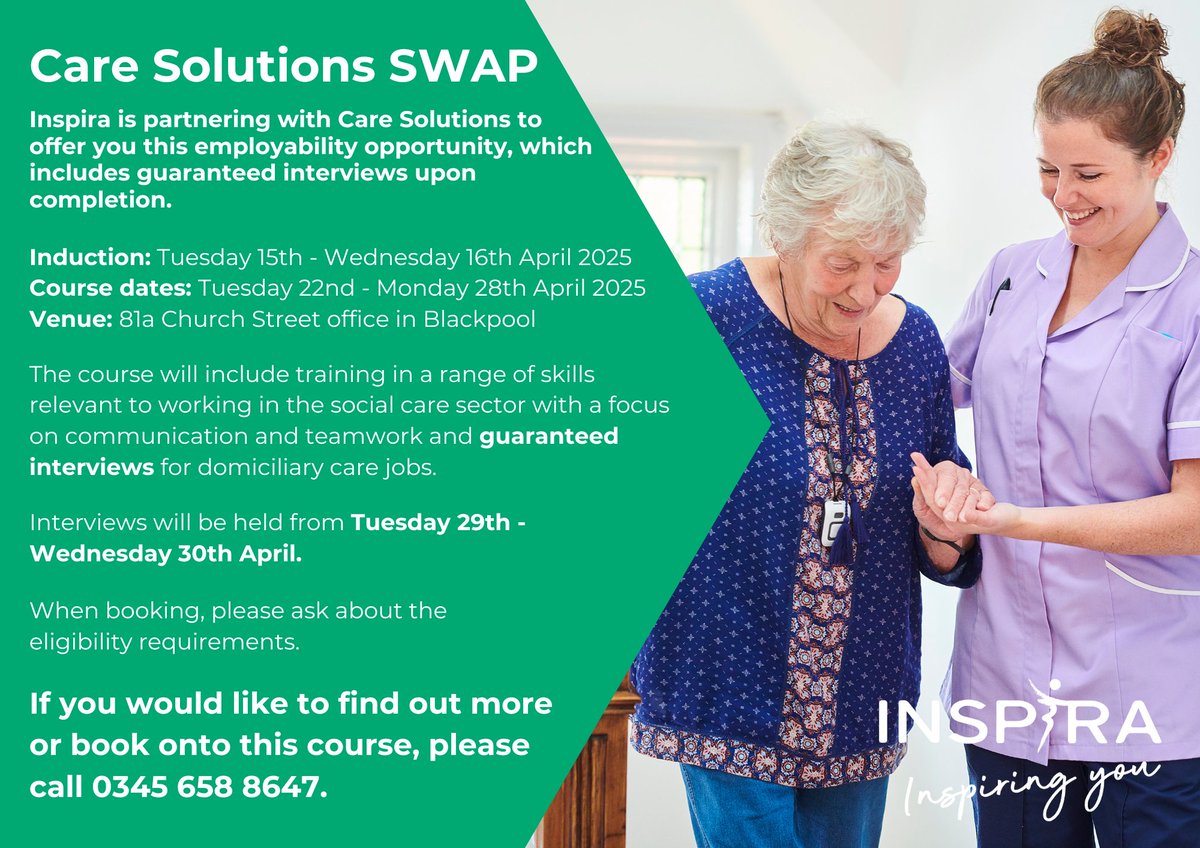 🚨 Opportunity Alert! 🚨

Inspira has teamed up with Care Solutions to bring you this free SWAP course designed to kickstart your career in the social care sector.

📍 Places are limited – don’t miss out!
📞 Get in touch and sign up today! 0345 658 8647

#CareJobs #FreeTraining